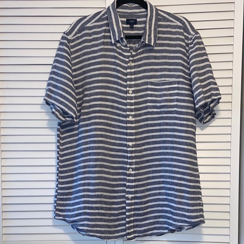 J. Crew Men's 100% Linen Blue & White Button Down Short Sleeve Short XL